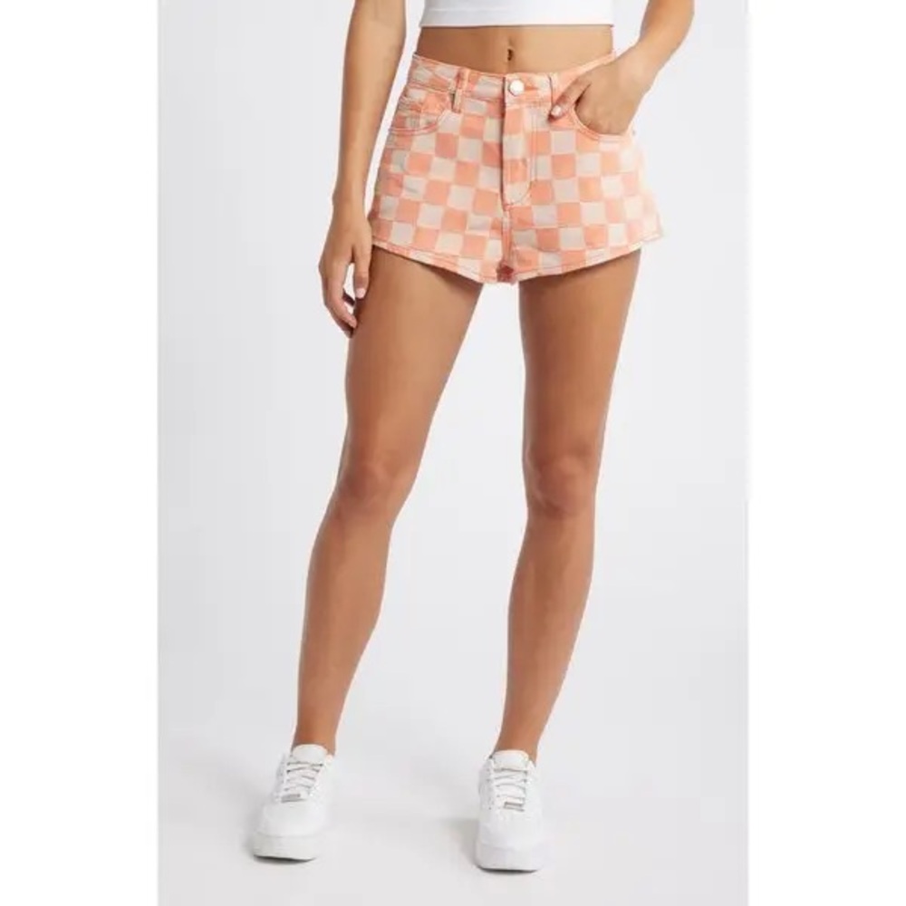 Nasty Gal Peach & White Checkerboard High-Rise Denim Shorts